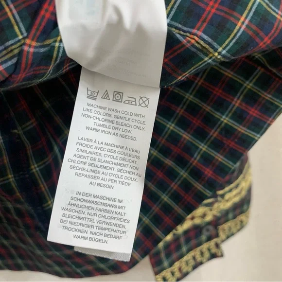 J. Crew Holiday Tartan Plaid Embroidered Gold Popover Peasant Blouse Medium - Picture 7 of 7